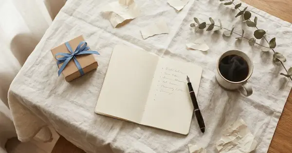 Overhead view of a gift-brainstorming scene with an open notebook and pen, a kraft-wrapped gift with a blue ribbon, and a cup of coffee on a linen tablecloth