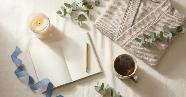 Calm self-care flat-lay with a lit candle, open journal, folded robe, mug of tea, eucalyptus sprigs, and a blue ribbon on warm linen
