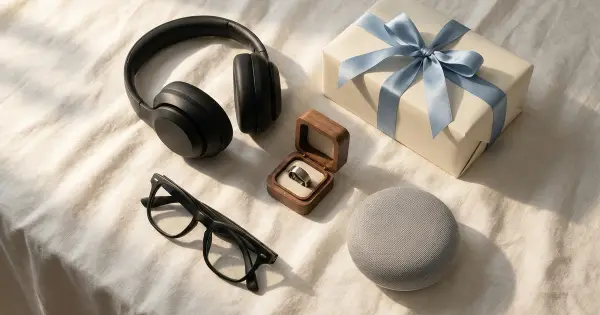 Flat-lay of AI-powered gifts for tech lovers: wireless headphones, smart glasses, a smart ring in a box, and a smart speaker beside a gift wrapped in blue ribbon