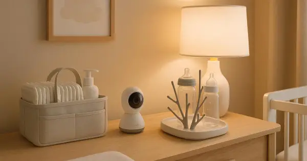 Practical baby registry essentials - diaper caddy, monitor, and bottle drying rack - on a warm nursery dresser