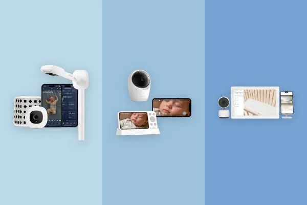Baby video monitor on a nursery nightstand with soft ambient lighting
