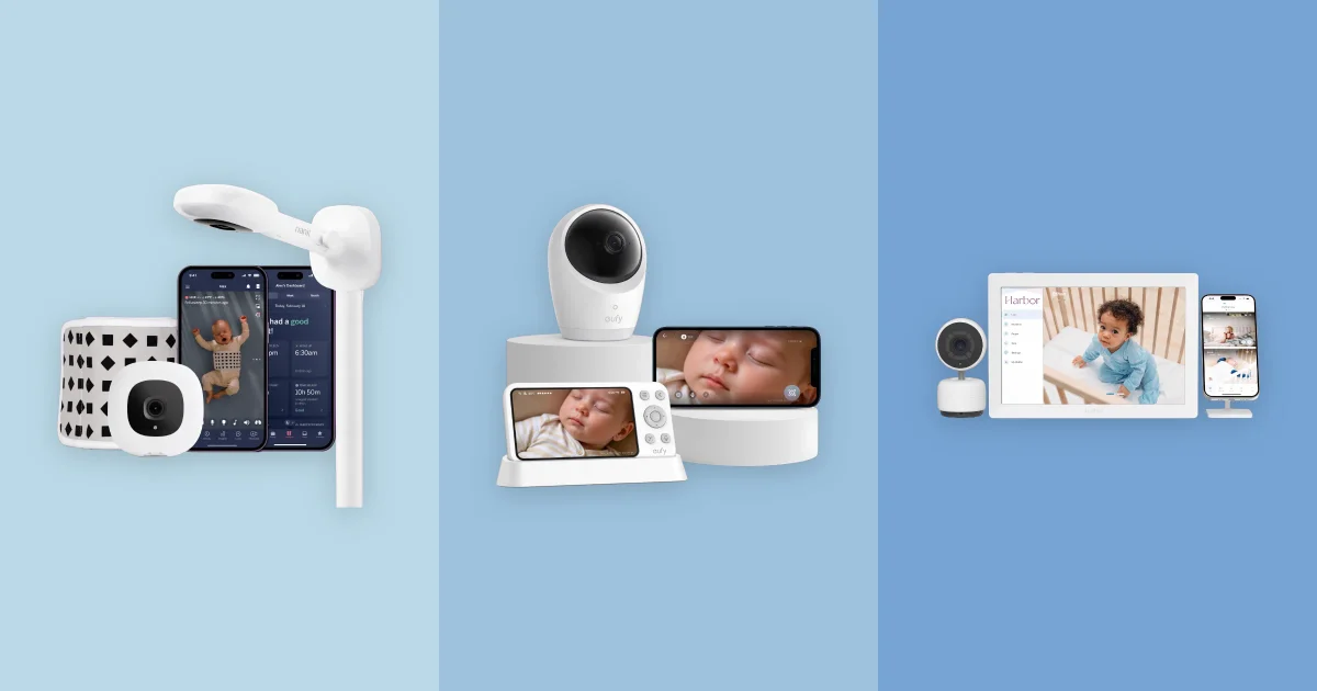 Baby video monitor on a nursery nightstand with soft ambient lighting