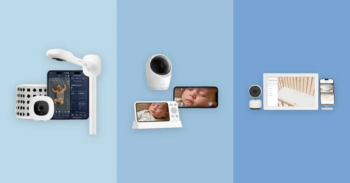 Baby video monitor on a nursery nightstand with soft ambient lighting