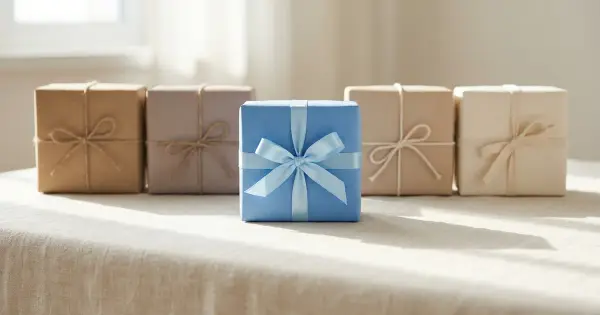 One soft blue gift box standing out from a row of neutral wrapped boxes, representing the best pick among free gift finder tools