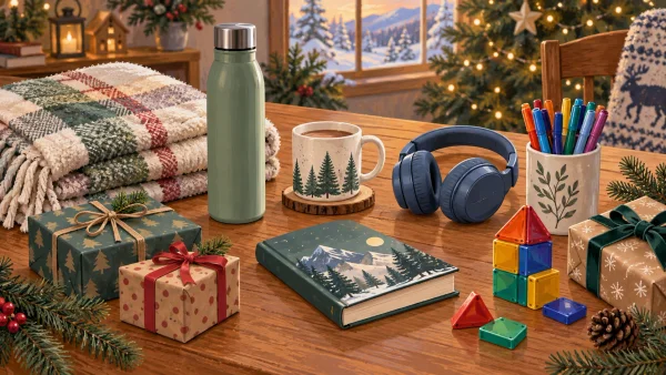 Editorial illustration of Christmas gift ideas for women, men, teens and kids