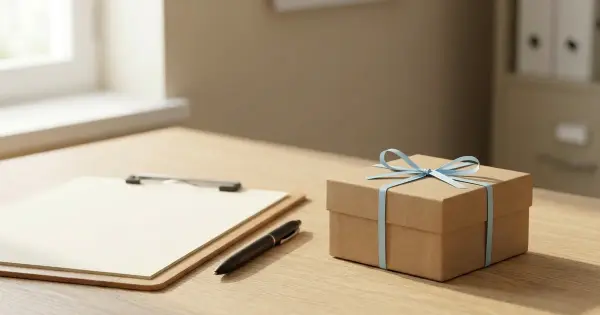A small kraft-paper gift box with a blue ribbon beside a blank clipboard and pen on a neutral office desk