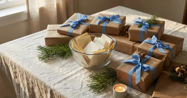 Glass bowl of folded name-draw slips surrounded by kraft-wrapped gifts with blue ribbon on a holiday table