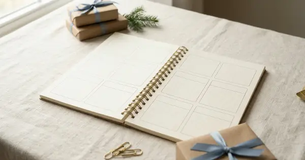Open spiral year planner with blank month grids beside small kraft-wrapped gifts tied with blue ribbon on a warm linen desk