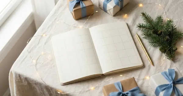 Open blank planner surrounded by wrapped gifts with blue ribbon, evergreen, and string lights on a warm linen surface