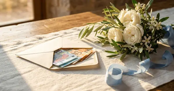 Cream envelope with euro banknotes beside a bouquet of white roses, olive branches, and orange blossom on a linen runner with a soft blue ribbon