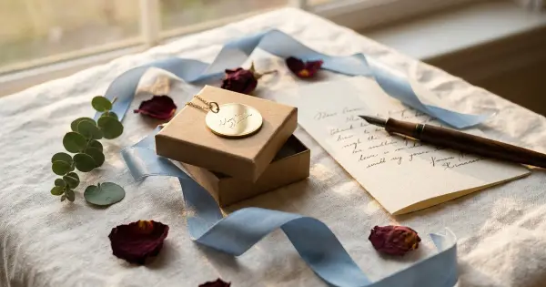 Romantic flat-lay of an engraved brass keepsake on a kraft gift box beside a handwritten love note, fountain pen, blue ribbon, and dried rose petals