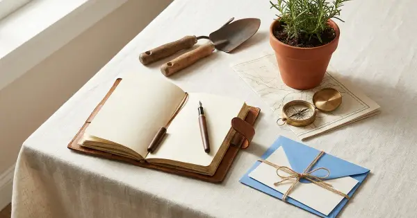 An open leather travel journal, wooden-handled garden tools, a potted rosemary plant, a brass compass on a folded map, and a celebratory card in a blue envelope on a linen table