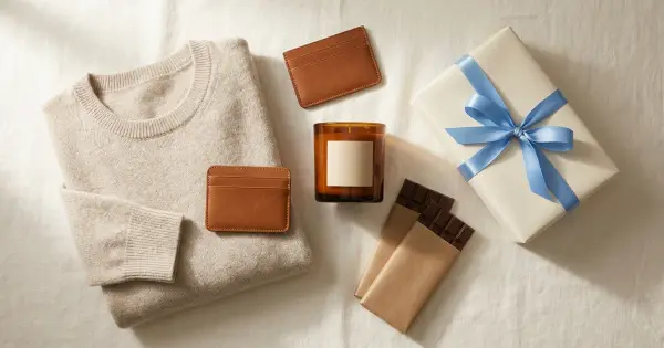 Flat-lay of attainable-luxury gifts on linen — a folded cashmere sweater, leather cardholder, amber glass candle, kraft-wrapped chocolate, and a gift box tied with a blue satin ribbon