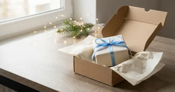 A small gift wrapped in off-white paper with a blue ribbon inside an open cardboard shipping box on a desk with holiday lights