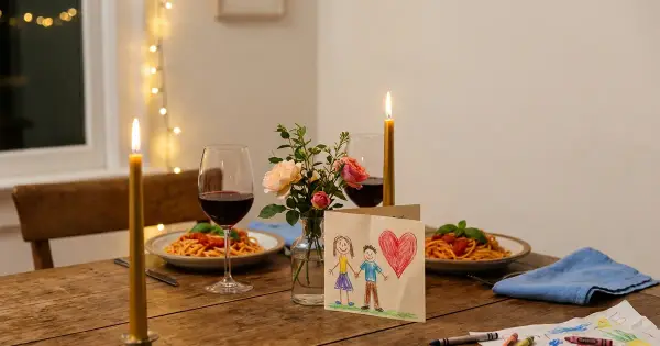 A candlelit at-home anniversary dinner table set for two with wine, pasta, and a child's handmade crayon card propped against fresh flowers