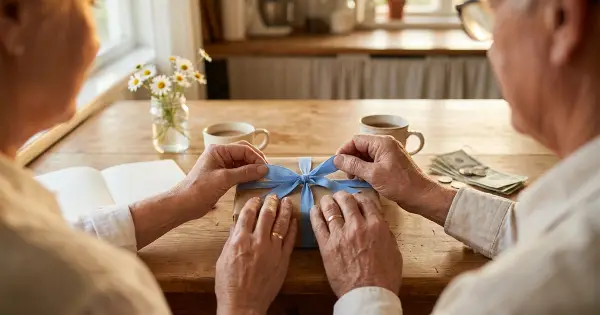 A couple's hands wrapping a small anniversary gift in kraft paper with a blue ribbon at a kitchen table, with flowers, coffee, and a budgeting notebook nearby
