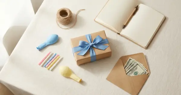 Overhead flat-lay of birthday gift planning with a kraft-wrapped present tied in blue ribbon, a planner, cash in an envelope, balloons, and birthday candles
