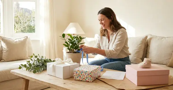 Woman arranging wedding, birthday, baby, and housewarming gifts on a table while planning a gift registry