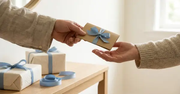 One hand passing a small kraft gift-list card tied with a soft blue ribbon to another open hand beside wrapped gifts on a bright entryway table