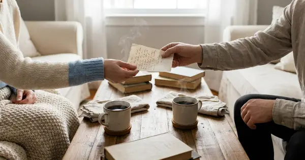 Two people passing a handwritten wishlist note across a coffee table with mugs of coffee in warm afternoon light