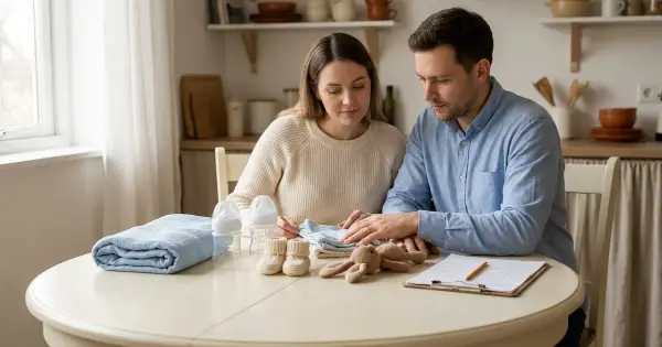 Expecting parents at a kitchen table sorting baby bottles, booties, and a blue swaddle while planning where to set up their baby registry