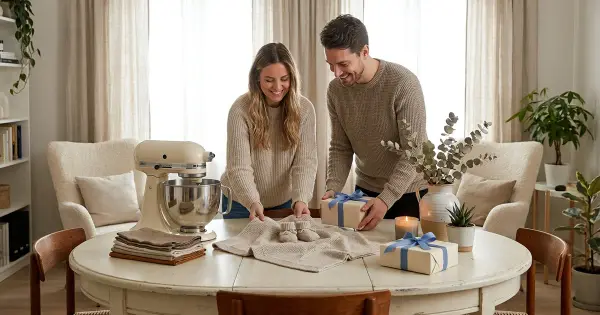 A couple at a sunlit dining table arranging registry gifts that span occasions — a stand mixer, a knitted baby blanket, home decor, and wrapped gifts with blue ribbon