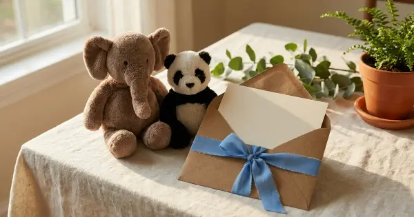 A plush elephant and plush panda beside a kraft envelope holding an adoption-style certificate tied with a blue ribbon, with eucalyptus greenery in soft light