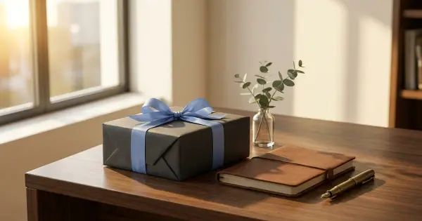A premium gift box wrapped in charcoal paper with a blue ribbon beside a leather notebook and brass pen on an executive desk in warm afternoon light