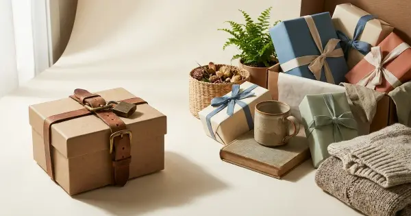 A single kraft gift box cinched shut with a leather strap beside an open, varied collection of wrapped gifts, books, a mug, and a knit sweater on a warm off-white surface