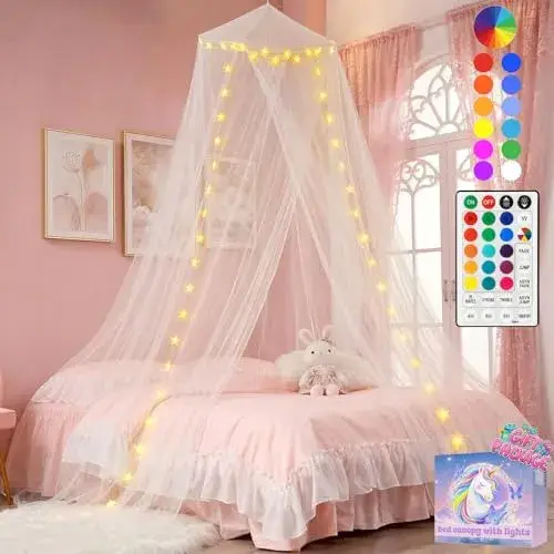 Bed Canopy with Star Lights for Girls Bedroom, 50 LED Color Changing Pink Purple Princess Canopy Bed Curtains, White Dome Bed Netting for Women Gifts Bridal Shower Twin to King Size Bed Decoration