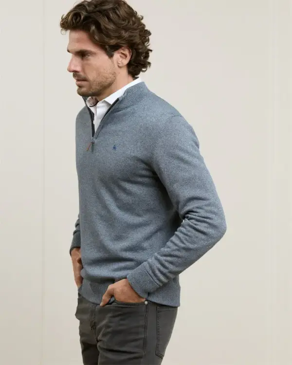Valentia 1/4 Zip Knitwear in Blue & White Melange - XL