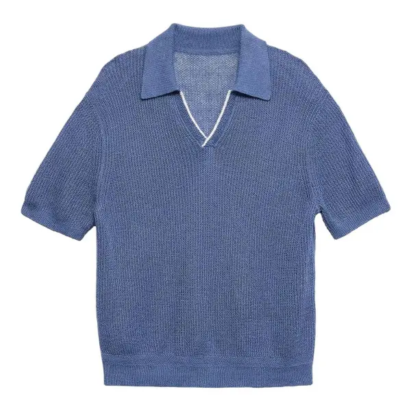 Linen-Cotton Johnny-Collar Sweater Polo