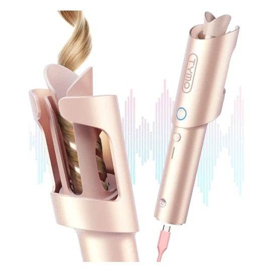 TYMO Cordless Automatic Curling Iron - TYMO CurlGo 1 Inch Beach Waves Rotating Curling Wand, Portable Hair Curlers for Travel, Dual Voltage & Rechargeable Curler for Women, Tangle-Free, Gold Blush