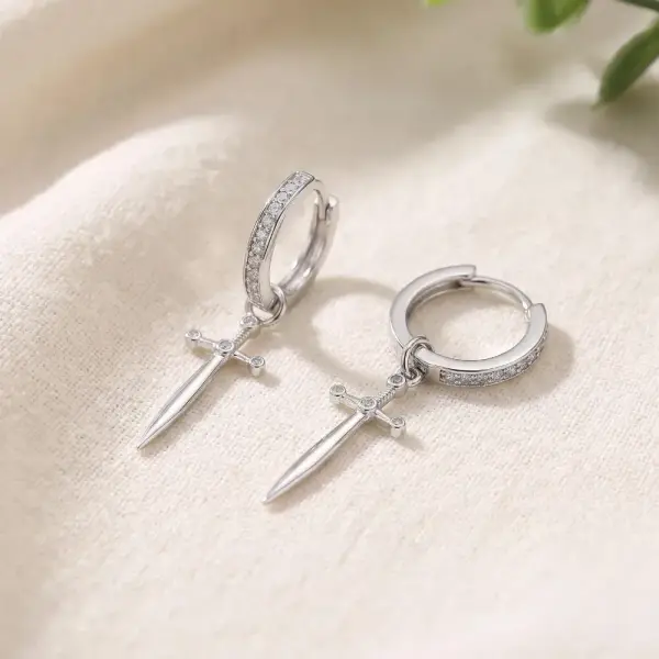18K Gold Filled Sword Dagger Hoop Earrings,CZ Sword Drop Earrings,Edgy Minimalist Gold Earrings,Statement Earrings Gift For Her