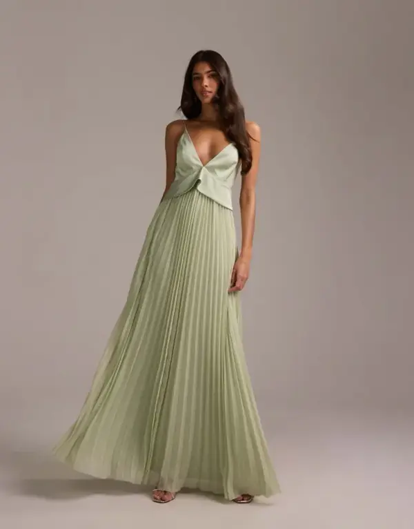 ASOS DESIGN bridesmaids hybrid cami maxi dress with pleat skirt in sage green