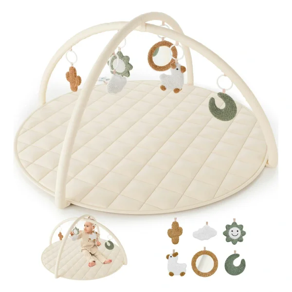 Beautiful Baby Play Gym - Soft Cotton Mat with 6 Cute Toys Creates The Perfect Activity Area for Your Girl/Boy - Stylish Infant Floor Playmat for Playroom