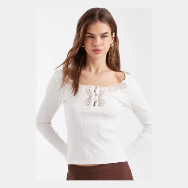 Miss Selfridge lace inserts long sleeve rib knit top in cream
