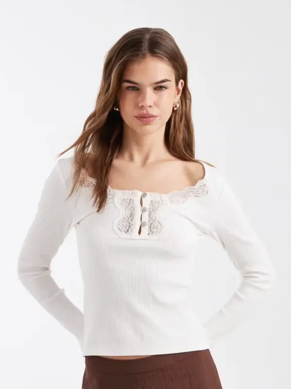 Miss Selfridge lace inserts long sleeve rib knit top in cream