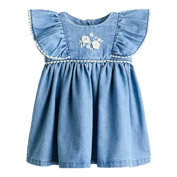Embroidered-Detail Denim Dress with An Embroidered Motif at Front