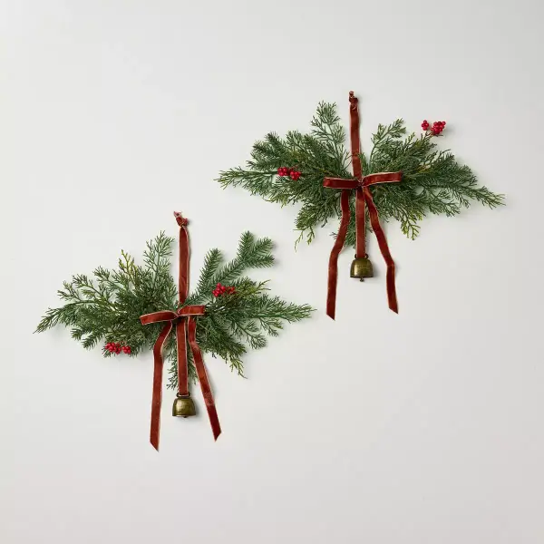 2pk 13" Cypress and Red Berry with Red Ribbon Mini Artificial Swag