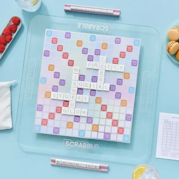 WS Game Company Scrabble Aura Edition – Iridescent Rotating Tempered Glass Game Board, Metallic-Printed Letter Tiles, Luxe Tile Racks & Organizer Tray – Family Word Game for Ages 8+, 2–4 Players
