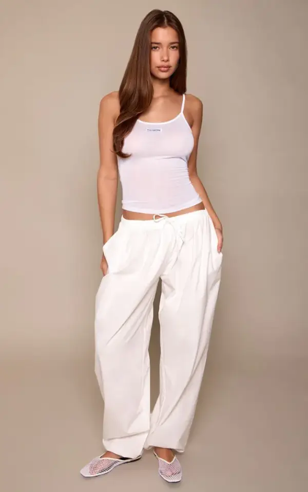 White Cotton Drawstring Balloon Trousers