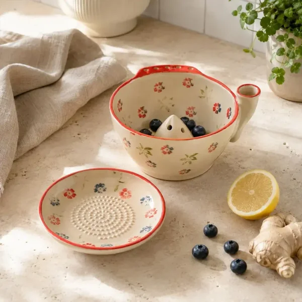 Handmade Ceramic Berry Rinse Bowl and Garlic Ginger Grater Dish Set, Ceramic Fruit Washing Bowl, Cottage Kitchen Gift