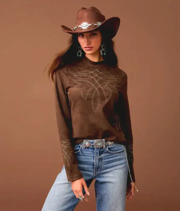 Embroidered Faux Suede Top