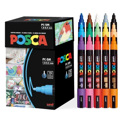 Posca Paint Art Markers, Set of 15 5M Medium Posca Markers with Reversible Tips, Set of Acrylic Paint Pens for Gifts, Decorations Fabric, Metal, Glass, Wood and Canvas