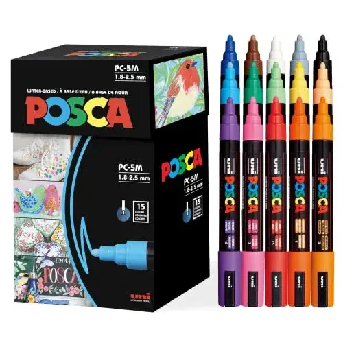 Posca Paint Art Markers, Set of 15 5M Medium Posca Markers with Reversible Tips, Set of Acrylic Paint Pens for Gifts, Decorations Fabric, Metal, Glass, Wood and Canvas
