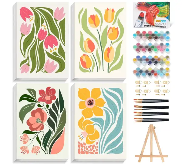 4 Pack Paint by Numbers Kit for Adults with Frame Flower Easy, Framed Paint by Number for Adults Beginner with Wooden Easel, Floral DIY Painting by Numbers Canvas Framed for Home Decor 8 x 12 Inch