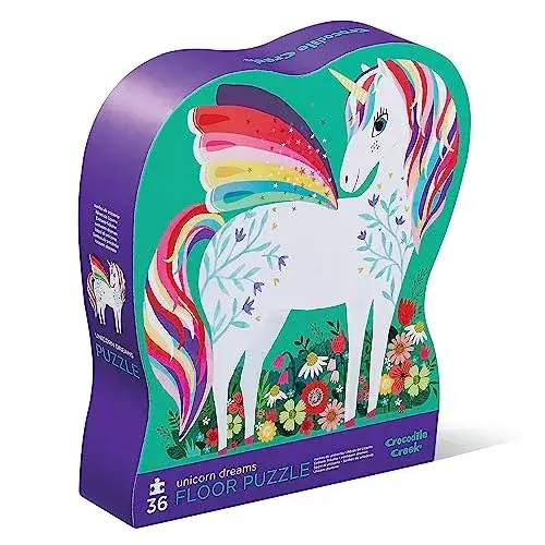 Crocodile Creek 36-Piece Jigsaw Floor Puzzle - Fun Floor Puzzles for Kids Ages 3-5 - Heavy-Duty Shaped Box for Storage - Unicorn Dreams - 27" W x 20" H Finished