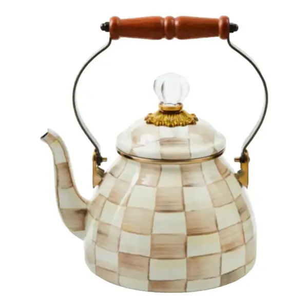 Mocha Check Enamel Tea Kettle