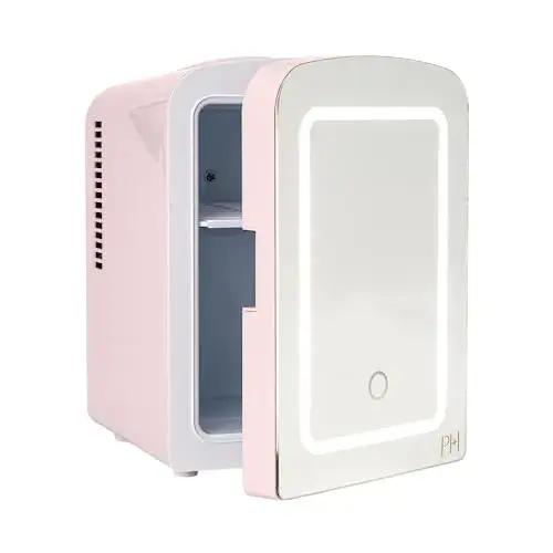 Mini Refrigerator and Personal Beauty Fridge, Mirrored Door with Dimmable LED Light, Thermoelectric Cooling and Warming Function for All Cosmetics and Skincare Needs, 4-Liter, Pink